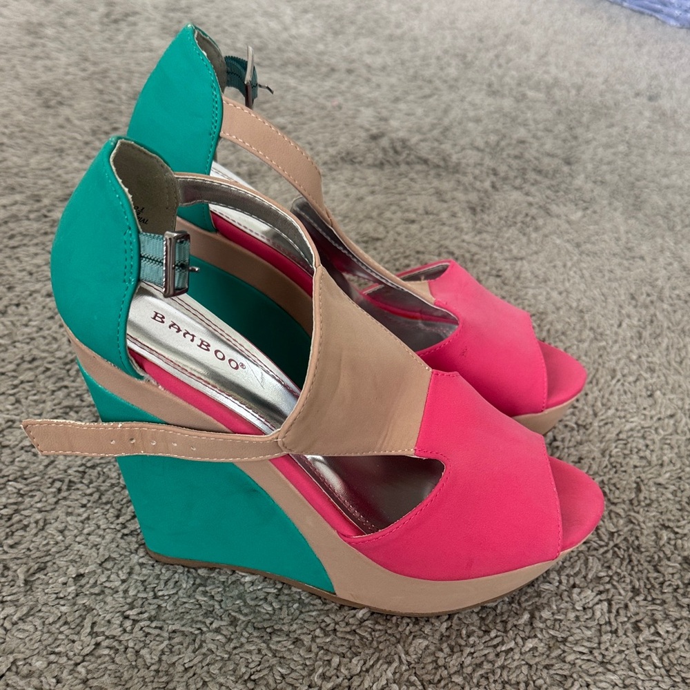 BAMBOO Women's Pink and Teal Wedge Sandals